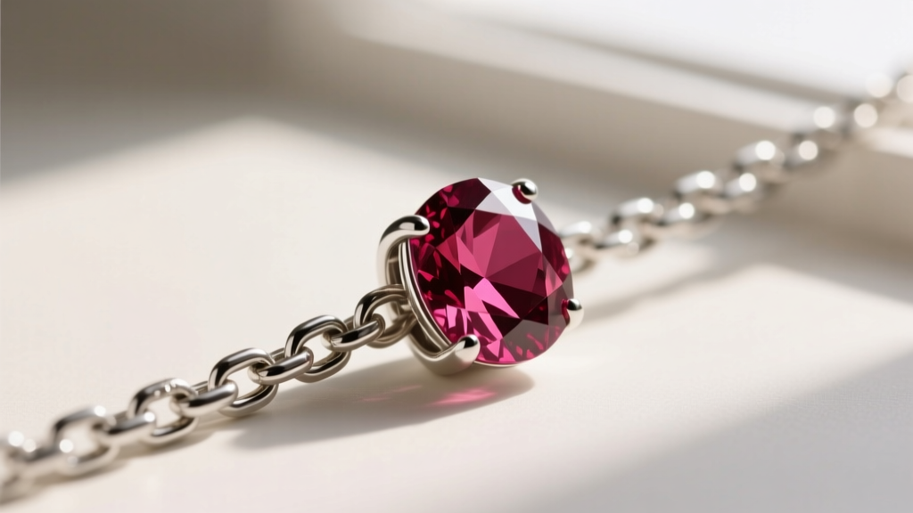 Macro shot of a silver rolo chain linking through a bezel-set rhodolite garnet station, showing metal texture and stone facets.