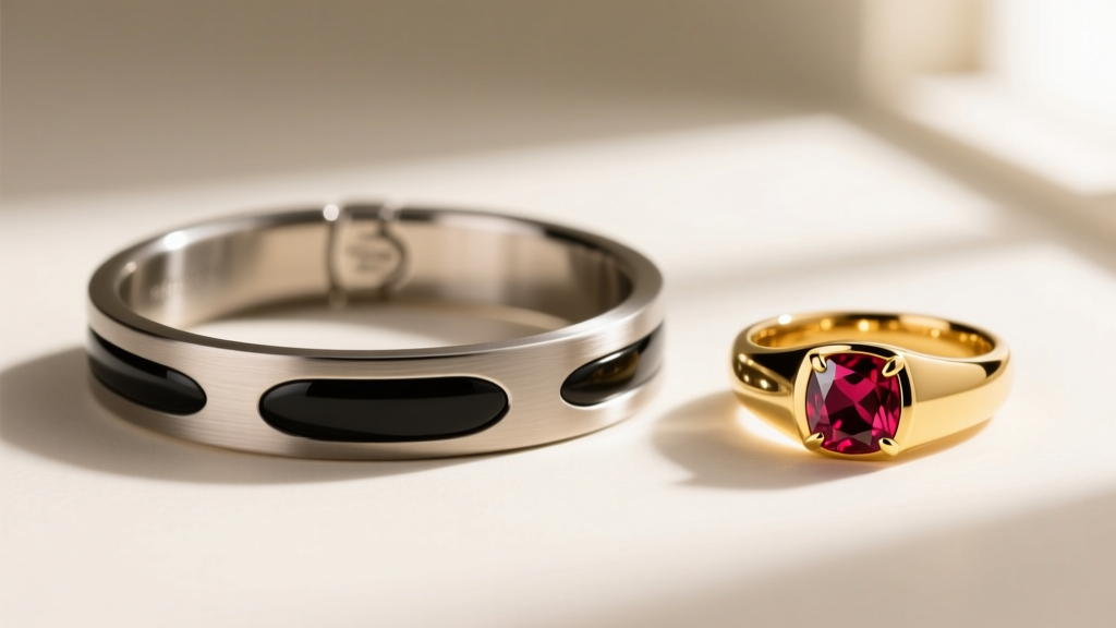 Side-by-side macro shot of a brushed titanium bracelet with black onyx inlay and a polished 14k yellow gold signet ring with ruby.