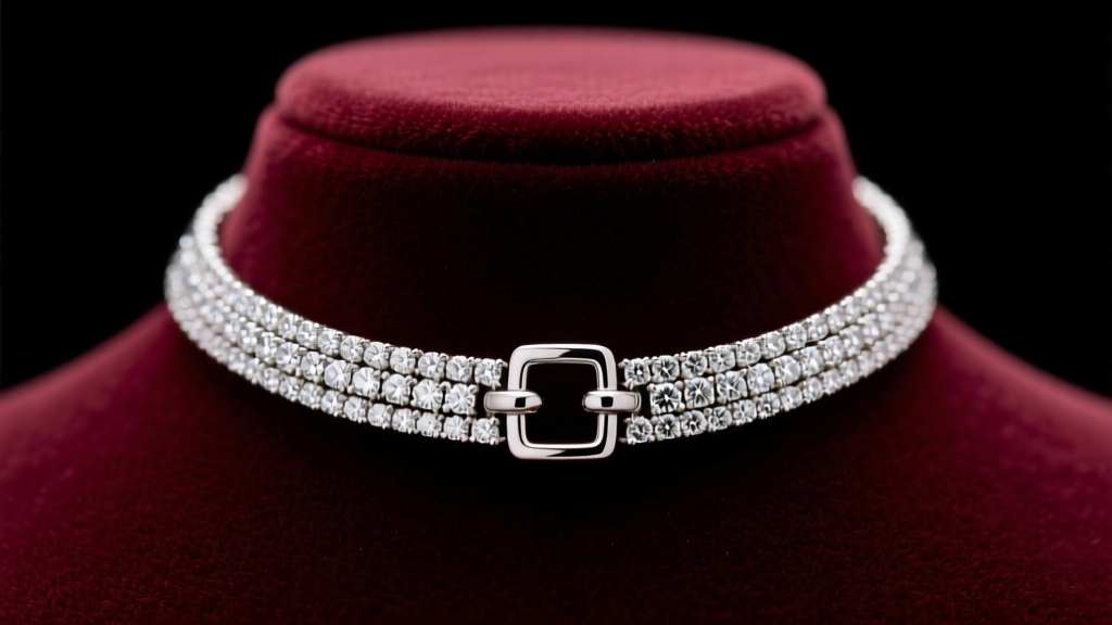 Close-up of a diamond tennis Debra choker necklace on a velvet bust, highlighting the pavé setting and secure tongue box clasp.
