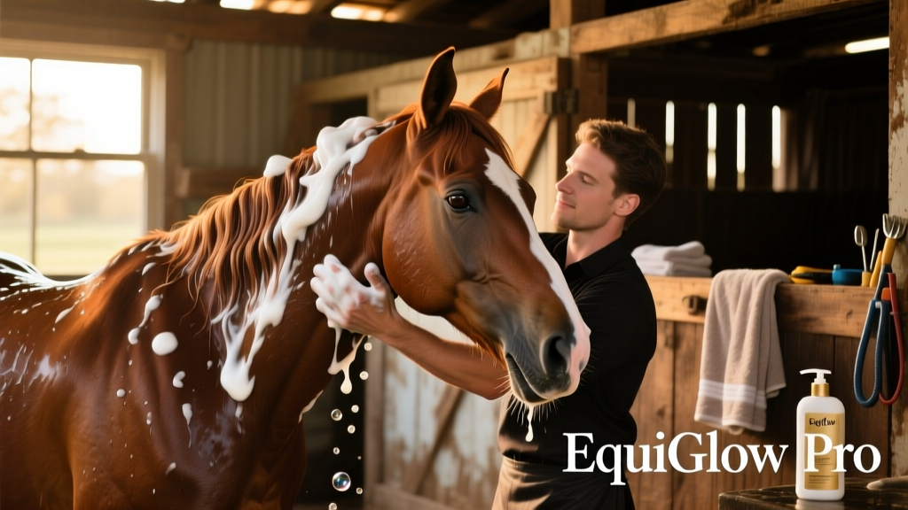 A groomer gently lathering a horse's neck and mane with shampoo during a bath