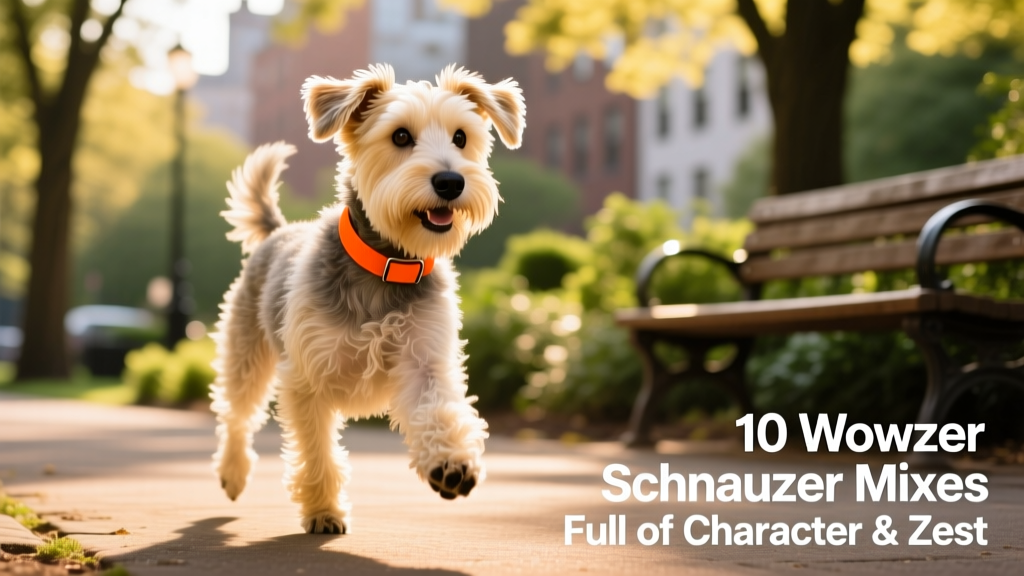 Blonde Schnoodle wearing an orange collar