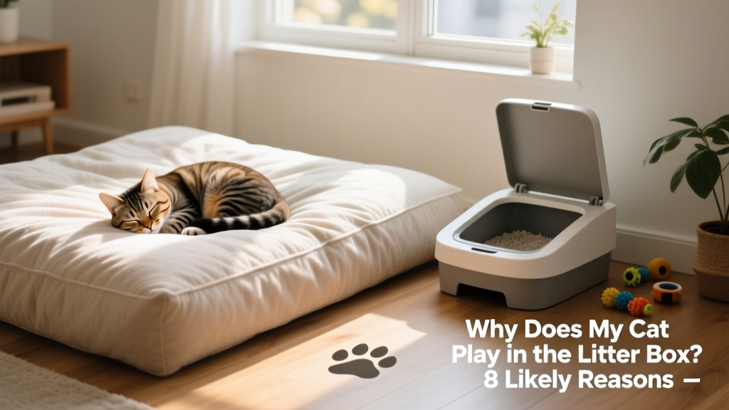 Happy cat napping peacefully on a plush bed beside a clean, modern litter box—symbolizing harmony and proper environmental setup