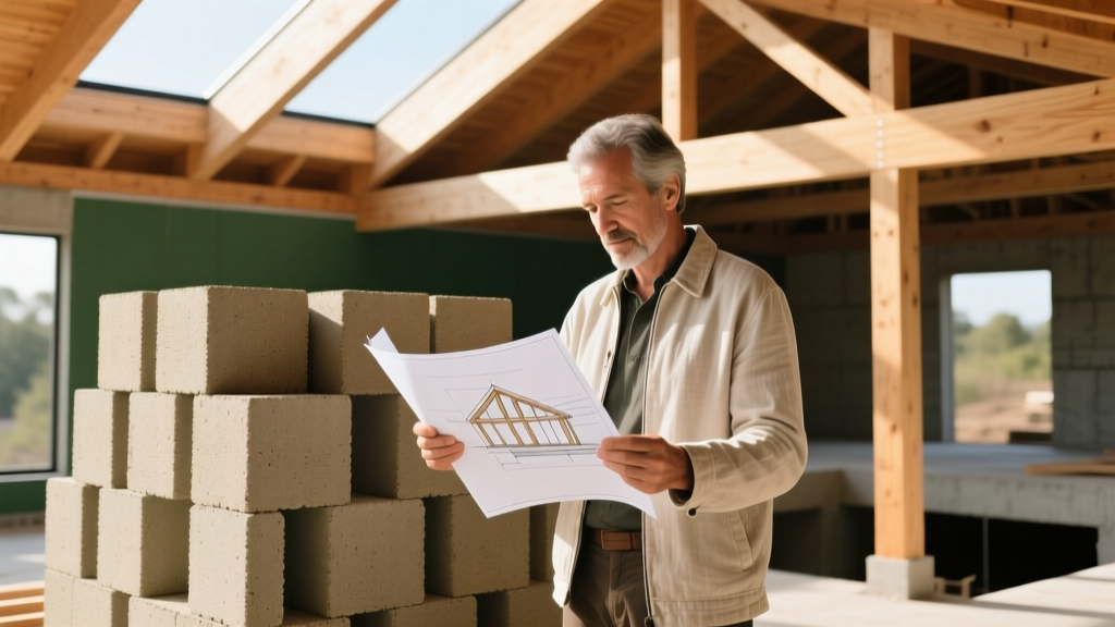 Architect reviewing cross-laminated timber structural plans on a modern eco-friendly construction site with stacked hempcrete blocks