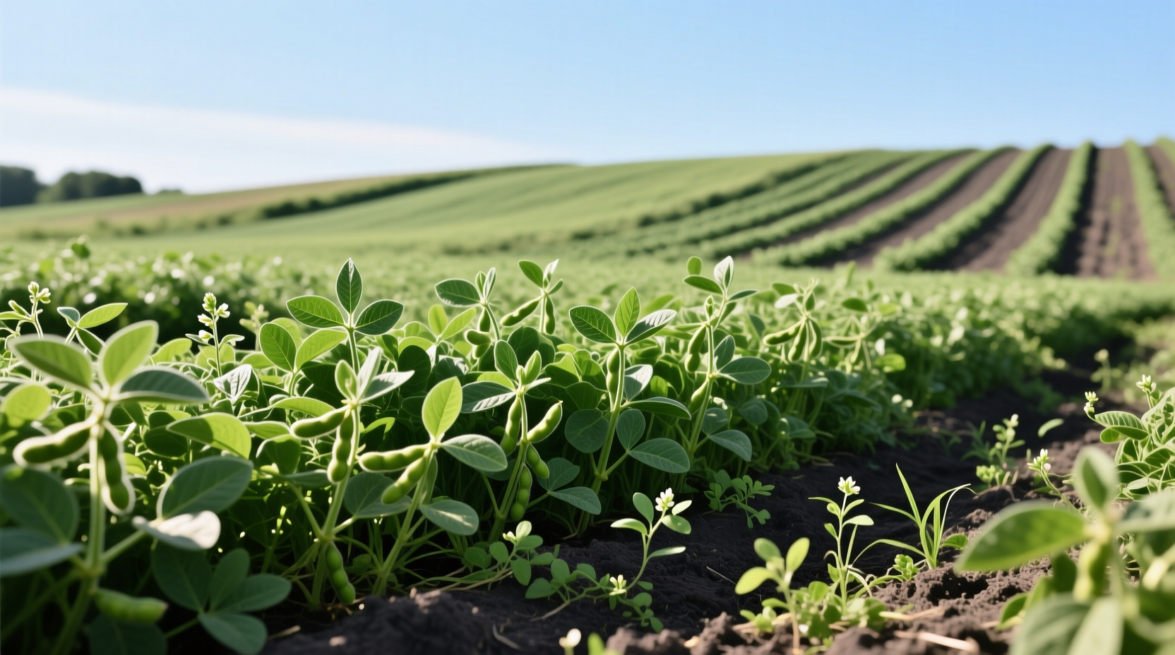 Mid-summer cover crop biomass demonstrating effective weed suppression period before soybeans establish
