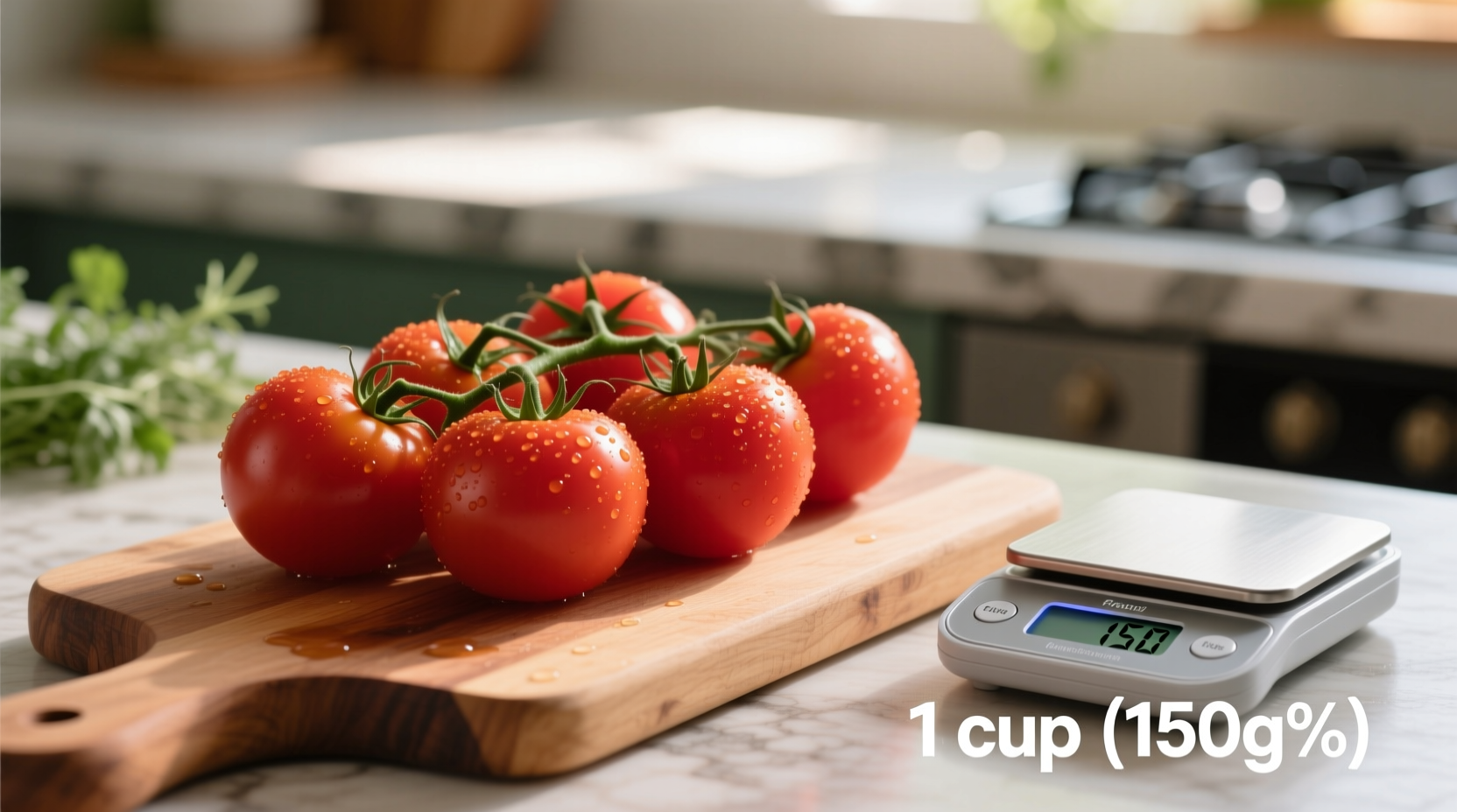 Fresh tomatoes with measuring scale showing low FODMAP portion