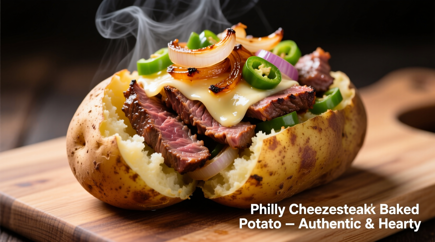 baked potato topped with philly cheesesteak ingredients