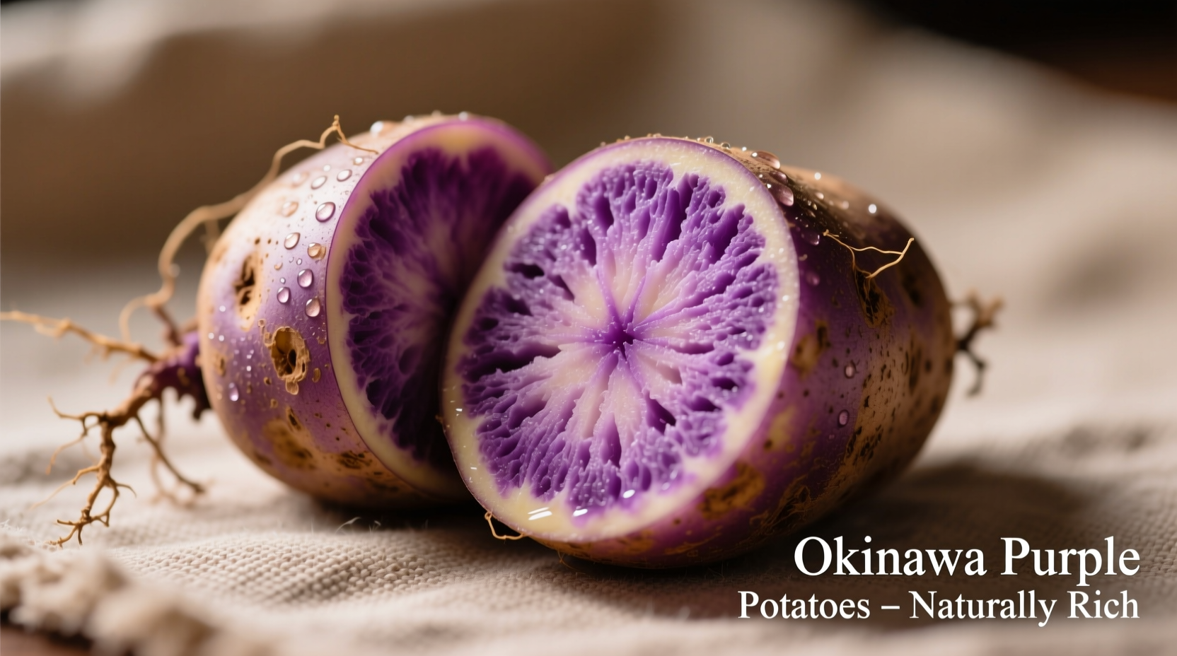 Fresh Okinawa potatoes with purple flesh exposed