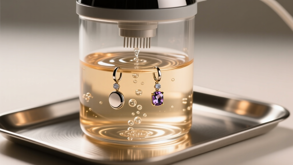 Ultrasonic cleaner filled with warm water cleaning titanium flat back earring posts and gemstone ends on a stainless steel tray