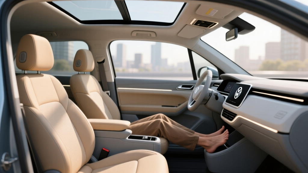 Interior view of the Volkswagen ID. Buzz third-row seating showing legroom measurements and adjustable headrests for passenger comfort