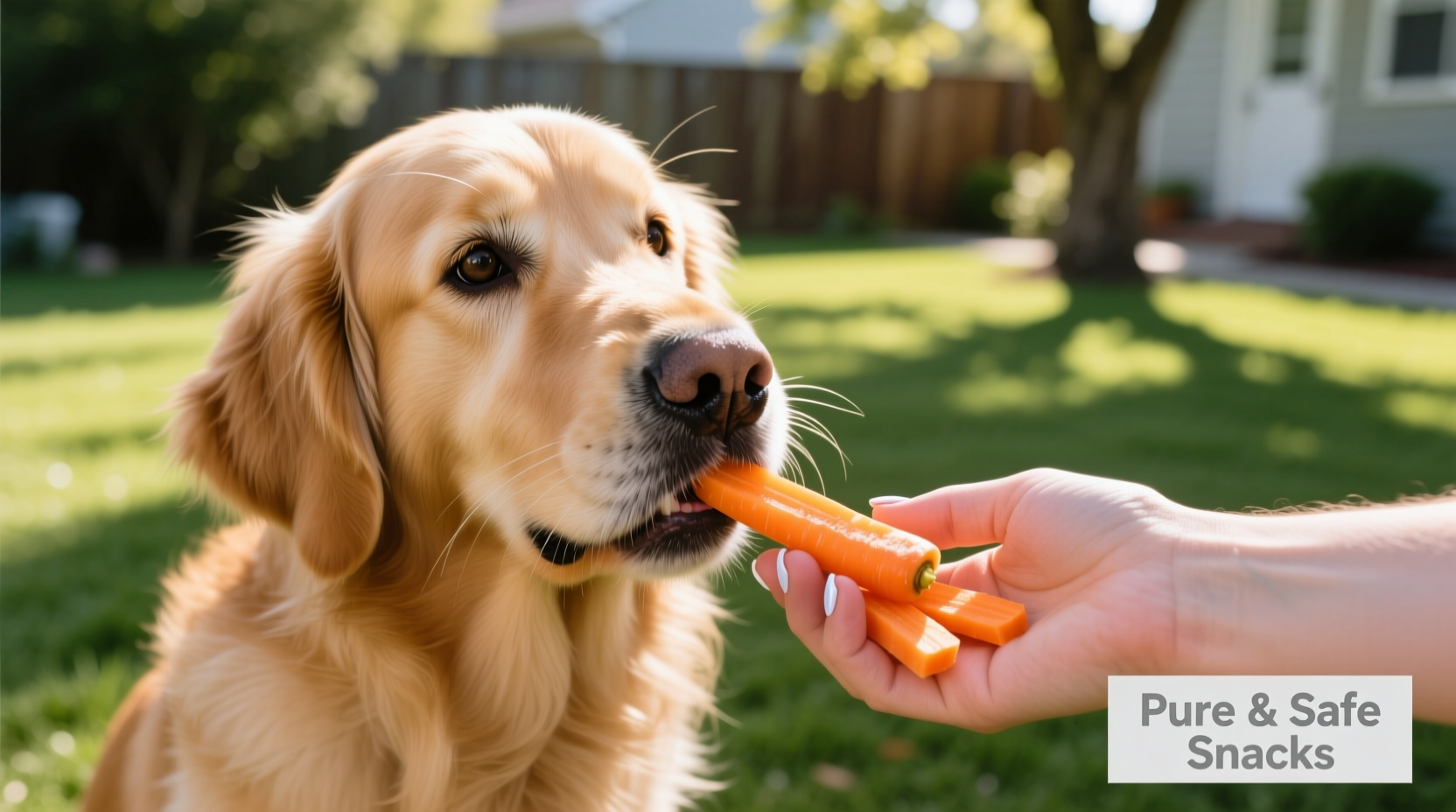 Dog safely eating carrot sticks from owner's hand