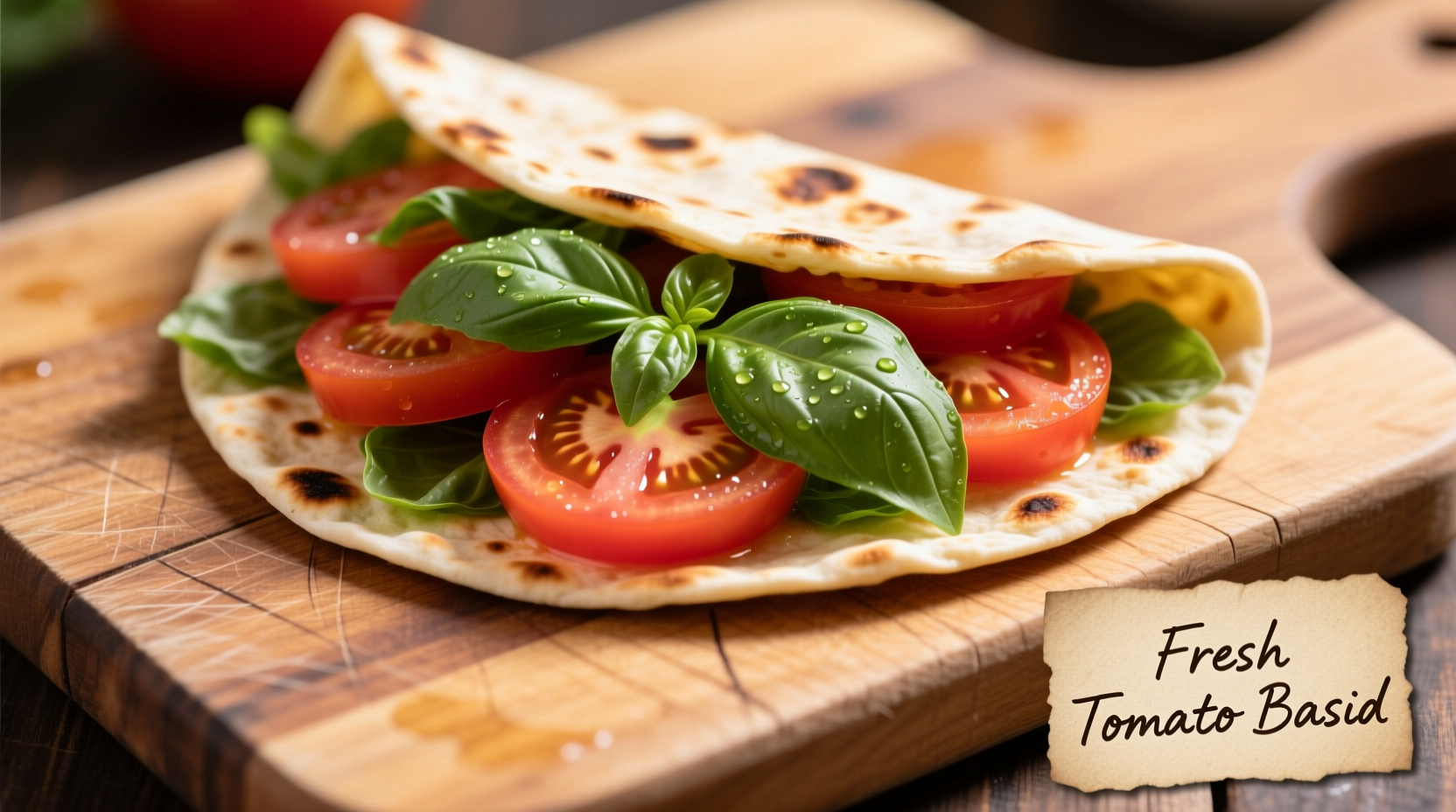 Fresh tomato basil tortilla on wooden cutting board