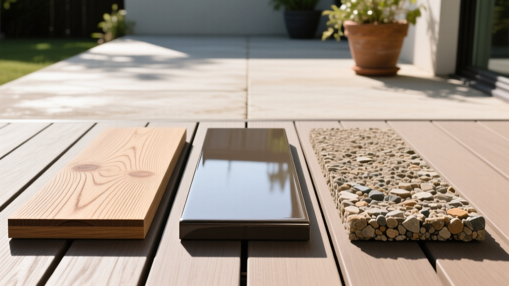 Close-up of three distinct decking boards showing wood-plastic composite grain, smooth PVC polymer, and mineral-based composite textures laid side-by-side on a sunny patio
