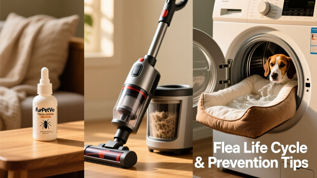 Side-by-side comparison showing FurPetVo topical treatment bottle, vacuum cleaner, and pet bedding being washed in washing machine