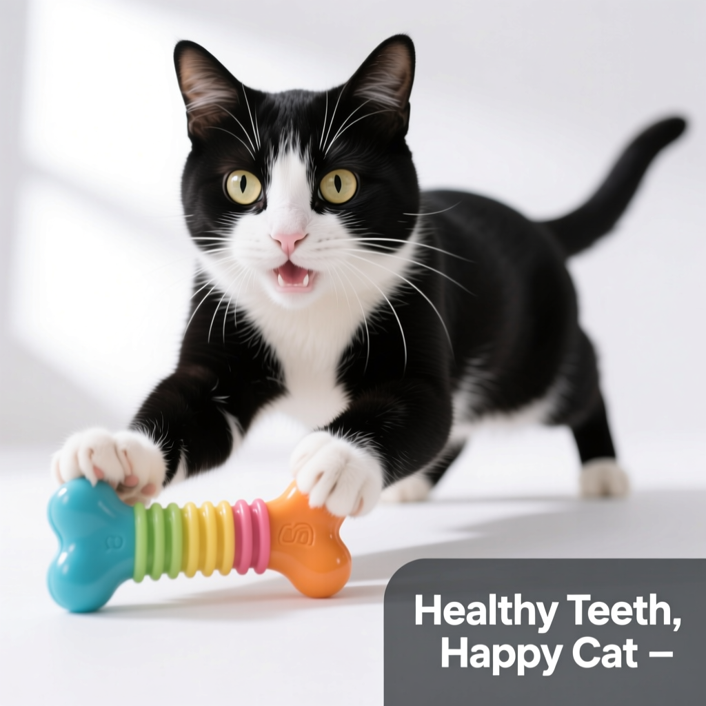 A cat with dental health toy