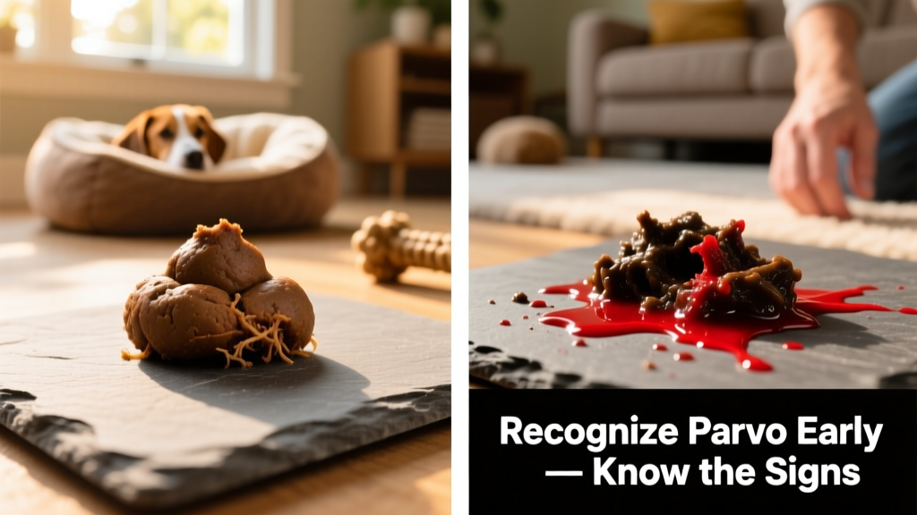 Side-by-side comparison showing healthy dog stool versus parvo-related bloody, foul-smelling diarrhea