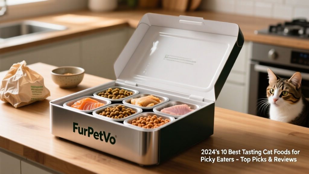 A sleek, refrigerated delivery box from FurPetVo opened to reveal portioned, fresh cat food trays