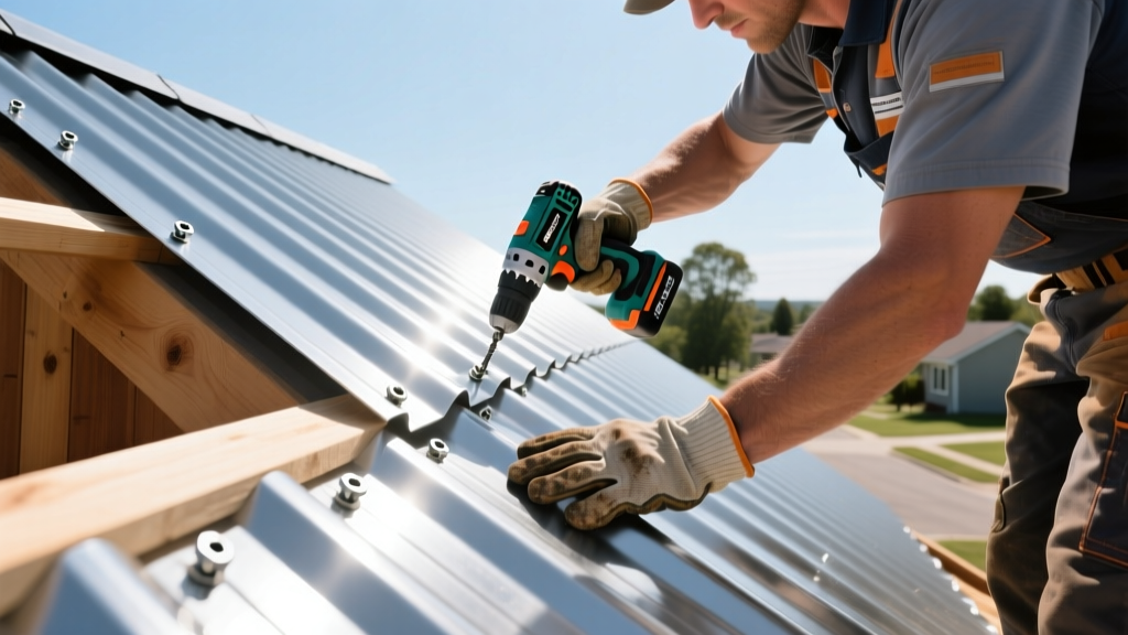 Roofer installing silver galvalume corrugated roofing materials on a pitched roof using a cordless drill and hex-washer screws