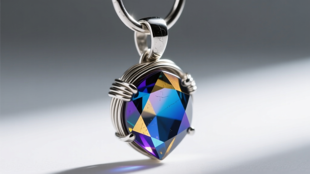 Extreme close-up of a silver pinch bail attached to a heavy dichroic glass prism pendant, showing the secure wire wrap and ring.