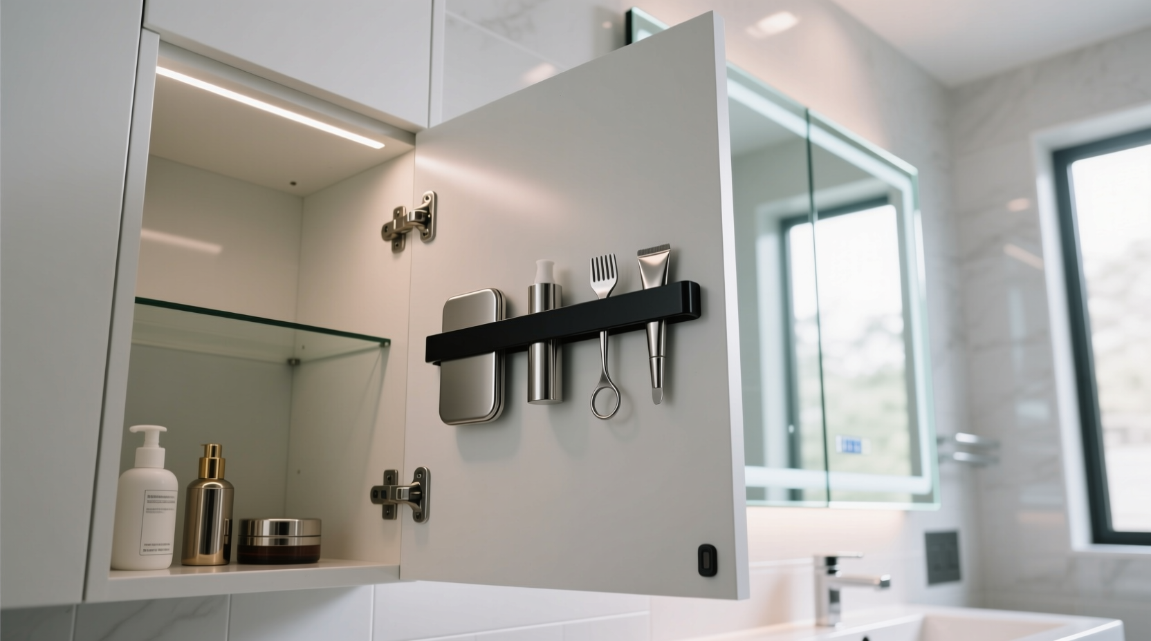 add a magnetic strip to your bathroom medicine cabinet