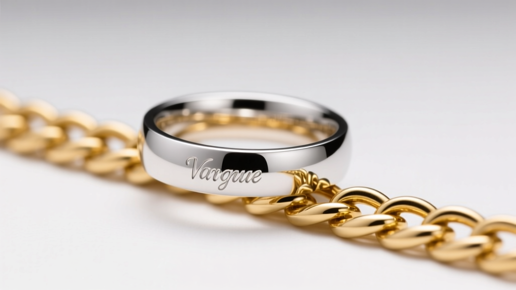 Close-up of a platinum wedding band resting on a delicate 18k yellow gold wheat chain, illuminated by soft studio lighting.