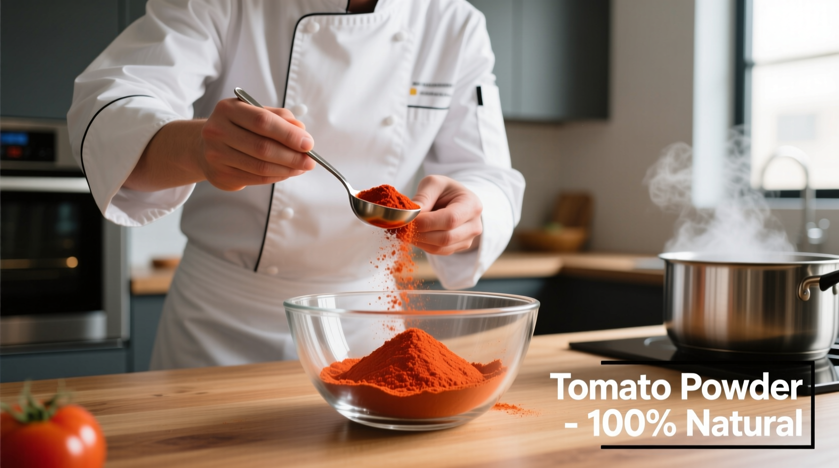 Chef measuring tomato powder into glass bowl