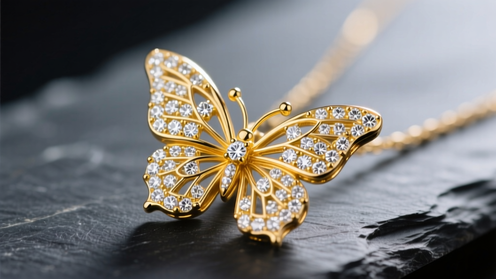Macro photo of an 18k yellow gold butterfly pendant with diamond pavé wings resting on dark slate under bright studio lighting.