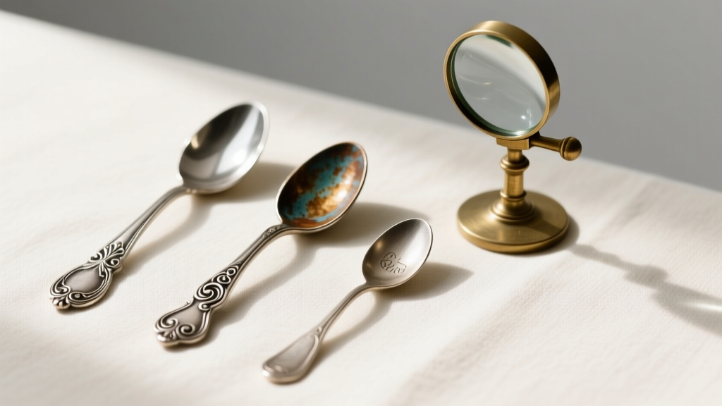Flat lay of three miniature antique silver spoons of varying sizes and patinas, arranged next to a jeweler's loupe and cloth.