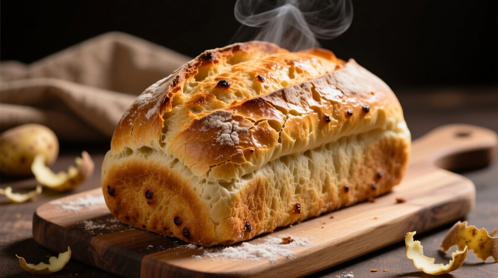 Freshly baked potato bread loaf with golden crust
