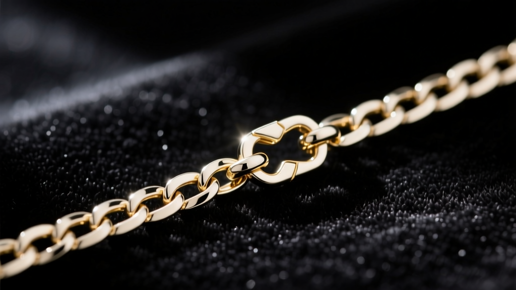 Macro shot of a 1.5mm 18k white gold box chain with a lobster clasp on dark velvet, highlighting the metal links and polish.