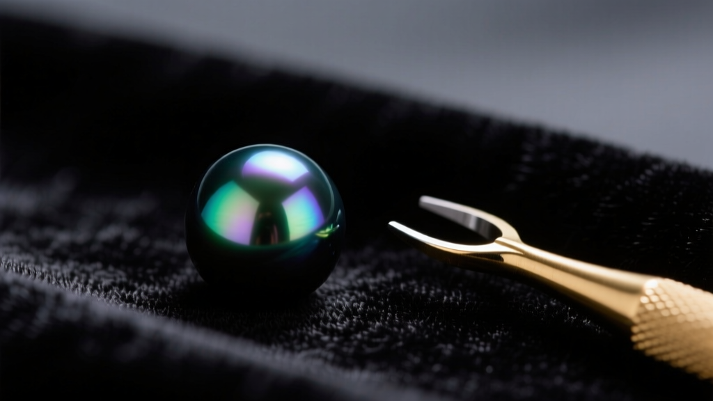 Macro shot of a 10mm Tahitian black pearl with peacock overtones, resting on dark velvet next to a brass jeweler's loupe