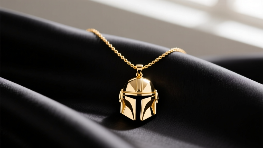 Close-up of a minimalist 18k gold vermeil necklace with a subtle geometric Mandalorian helmet pendant resting on dark silk fabric