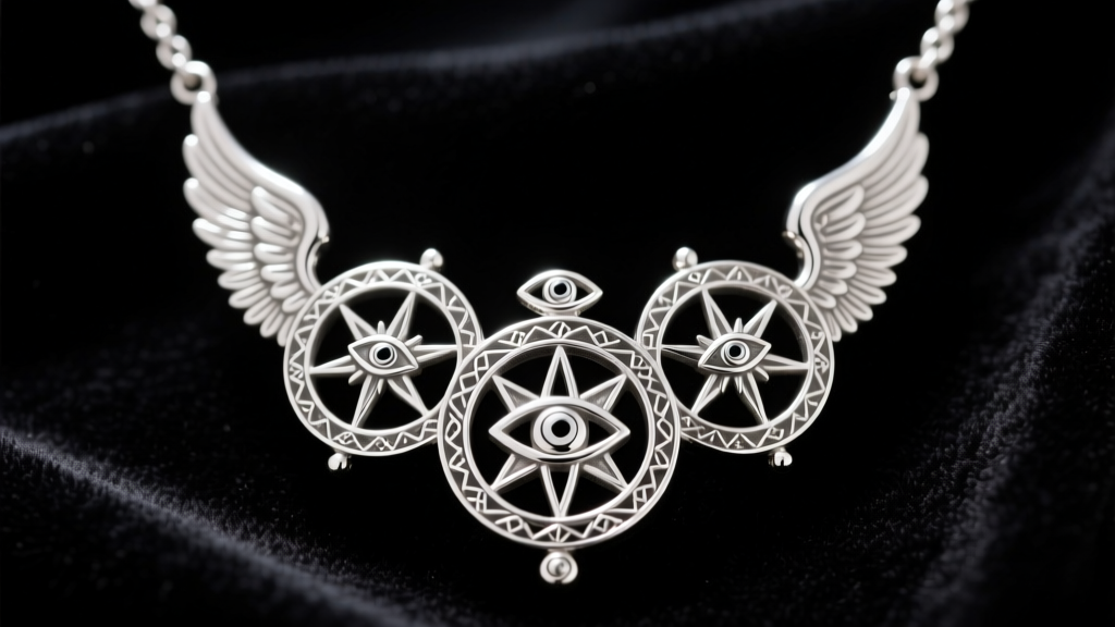 Close-up of a sterling silver biblically accurate angel necklace with interlocking Ophanim wheels and eye motifs on dark velvet.