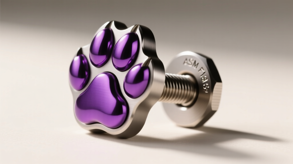 Close-up of ASTM F136 titanium dog paw stud with anodized purple toe beans, showing the threaded post and secure flat back.