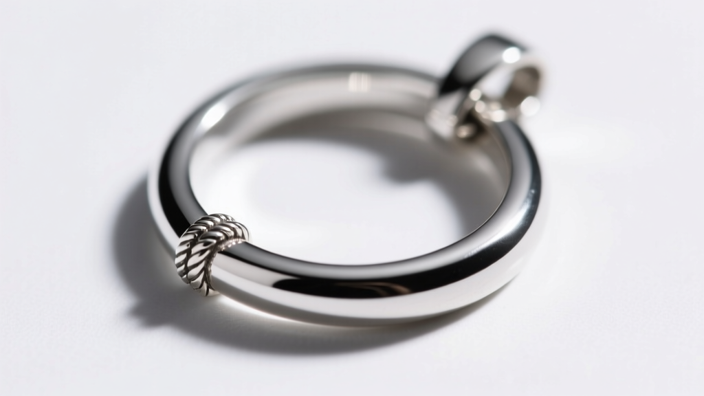 Macro shot of a sterling silver circle pendant clasp, revealing the solder seam and metal grain under bright studio lighting.