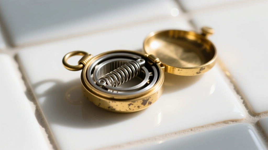 Disassembled vintage spring ring clasp revealing the internal steel tension spring and outer gold shell on a white ceramic tile.