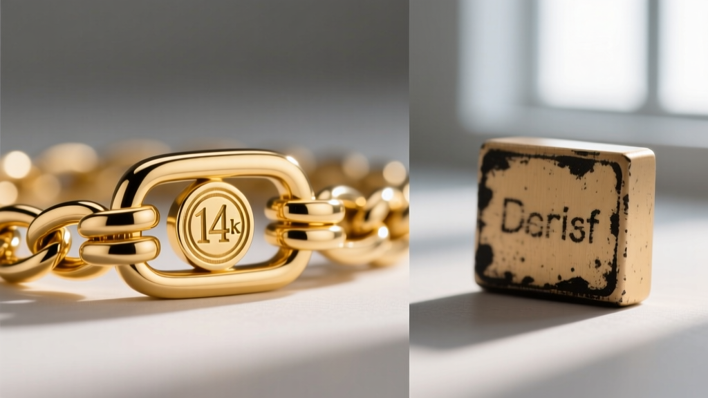 Side-by-side view of a crisp laser-engraved hallmark and a blurry fake stamp on a 14k yellow gold chain clasp under magnification.