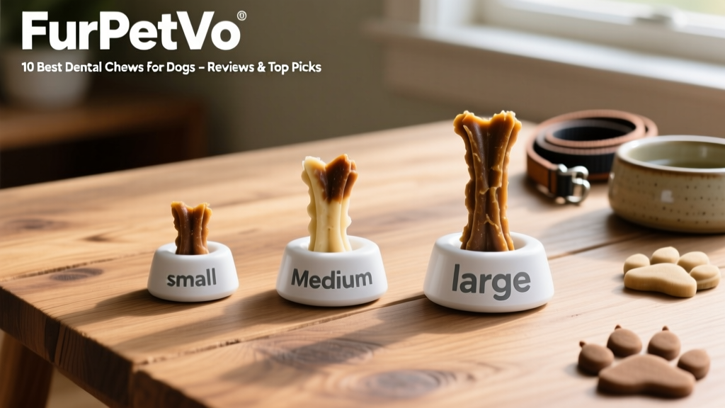 Side-by-side comparison of three FurPetVo dental chew sizes labeled for small, medium, and large dogs