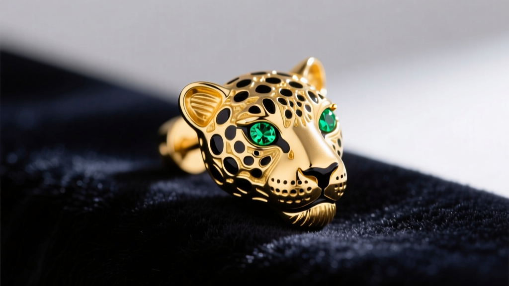 Macro shot of an 18k yellow gold jaguar head earring stud with tsavorite eyes and black onyx spots resting on dark velvet fabric