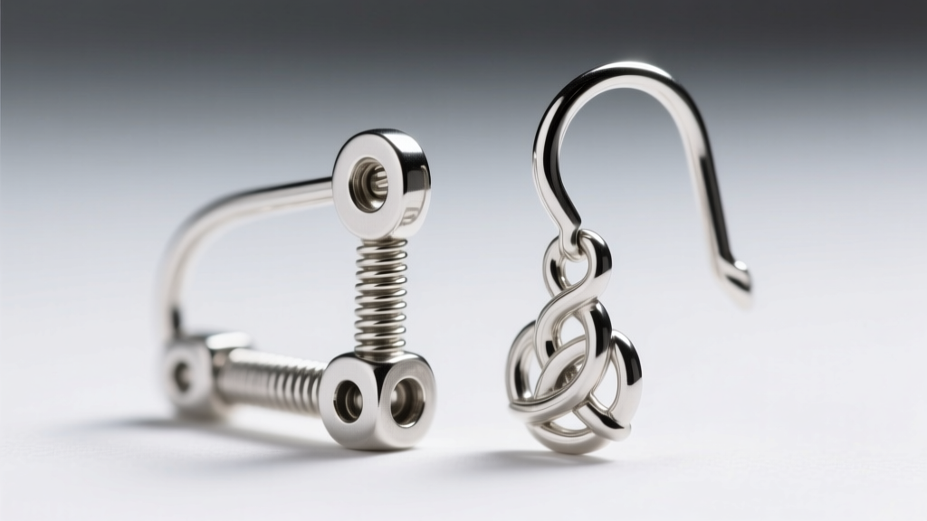 Close-up of a 20-gauge silver leverback ear wire locking mechanism next to a standard French hook for heavy Celtic drop earrings