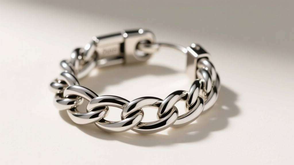 Side profile of hinged latch-back clasp on thick silver rope chain hoop earring, showing secure locking mechanism in soft light