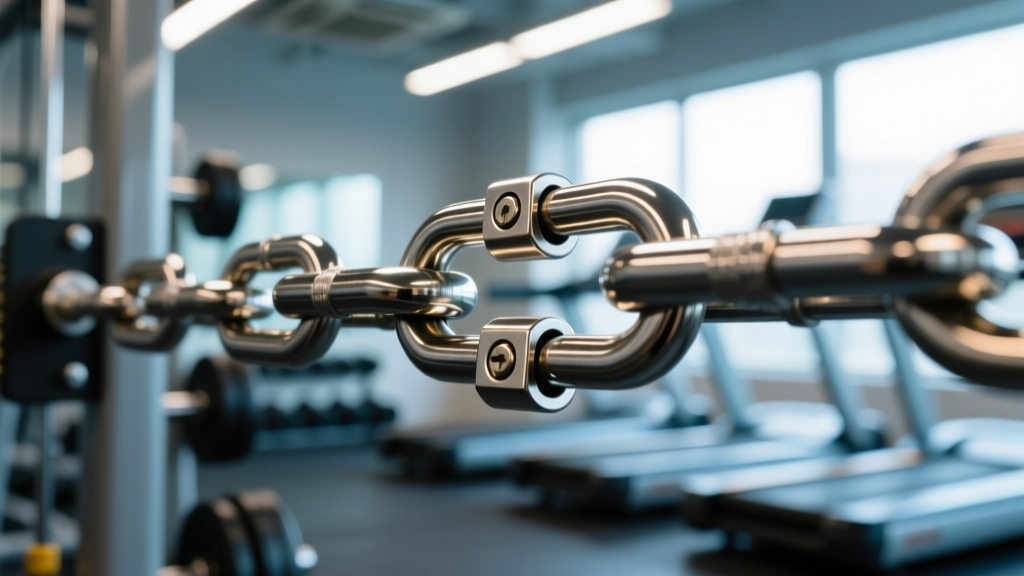 Macro shot of a magnetic breakaway clasp on a steel gym chain, highlighting the secure lock against a blurred gym background.