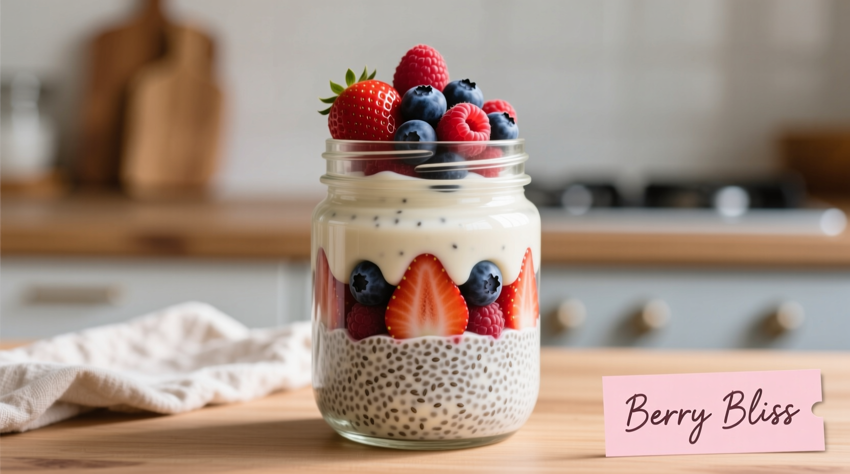 Creamy chia seed pudding in glass jar with berry topping