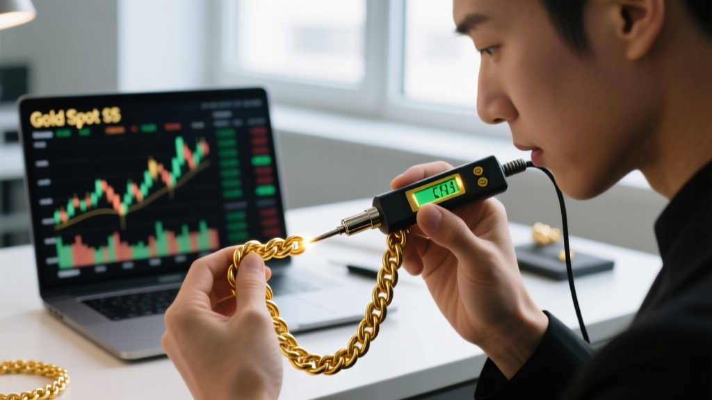 Jeweler using an electronic gold tester probe on a thick gold rope chain link, with a blurred laptop showing spot prices.