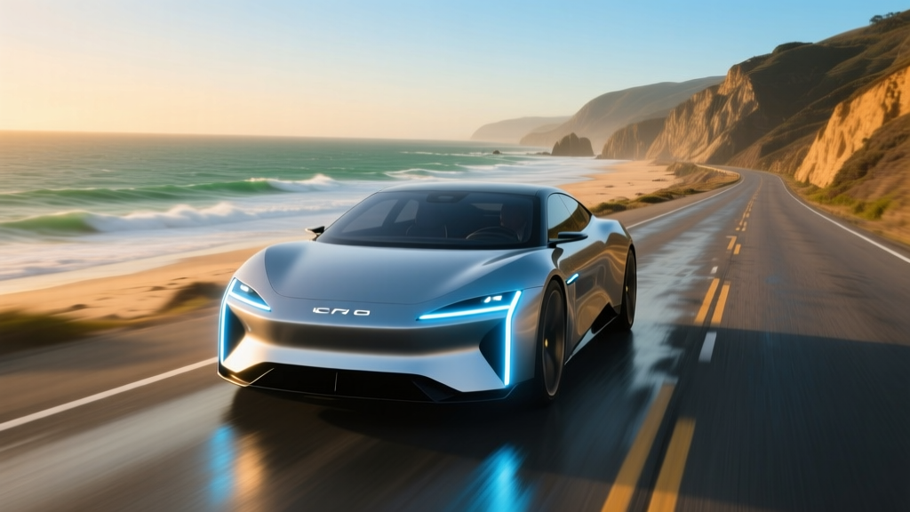 Lucid Gravity driving on a coastal highway showcasing its sleek aerodynamic profile and modern LED lighting signature