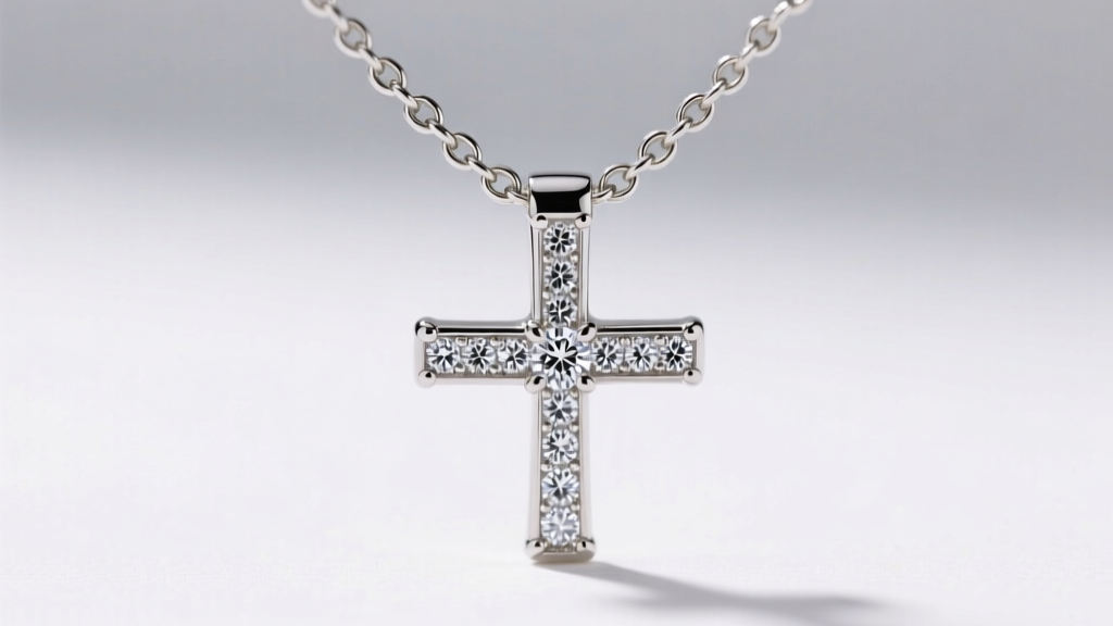 Detailed view of a 1.2mm rolo chain threaded through a hidden bail on a diamond clear cross necklace, highlighting metal texture.