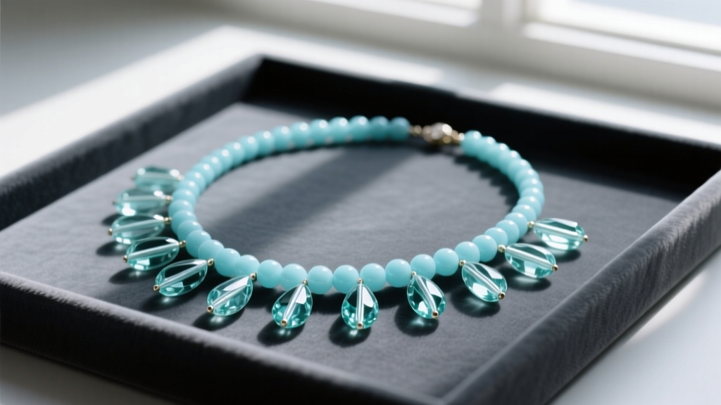 Flat-lay of a light blue bead necklace with aquamarine and glass beads arranged on a dark gray velvet jewelry design board