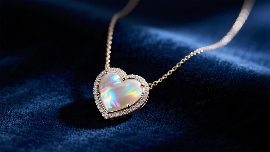 Elegant flat lay of a bezel-set mother of pearl heart necklace resting on dark navy velvet, illuminated by soft directional light.