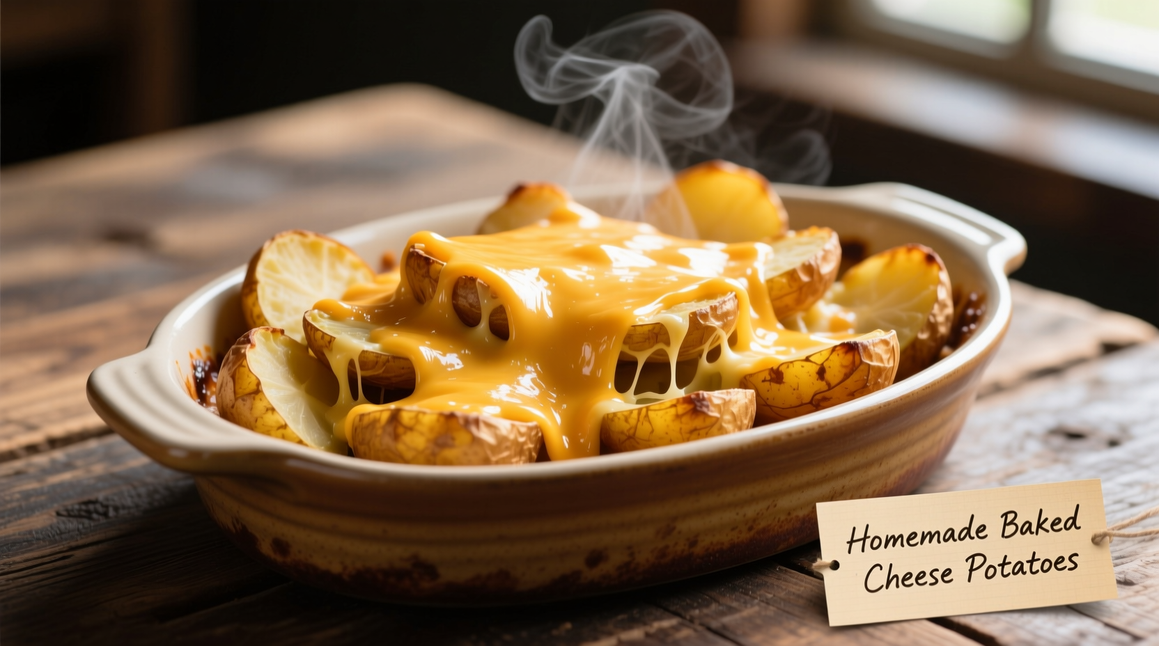 Golden baked cheese potatoes with melted cheddar topping