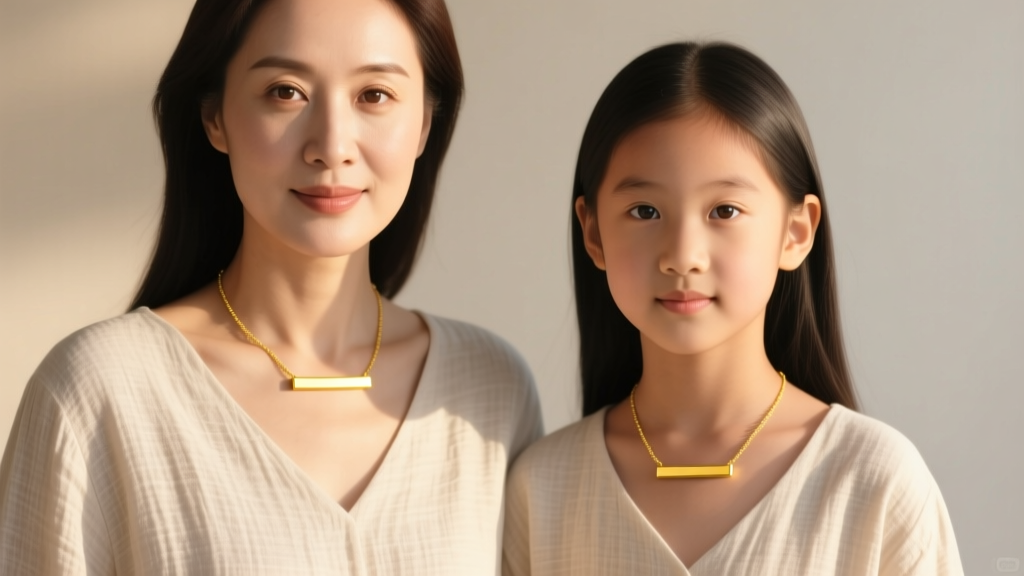 Close-up of a mother and daughter wearing matching minimalist 14k yellow gold bar necklaces against soft neutral linen clothing.