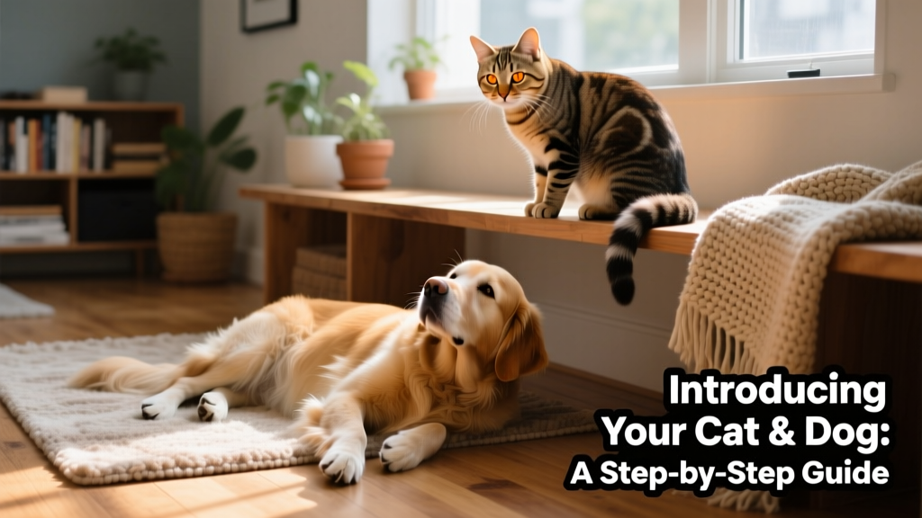 A cat perched safely on a high shelf, watching a dog calmly resting below